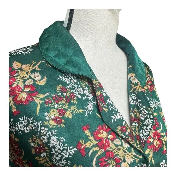 Vintage Gold Label VS Green Floral Satin Nightshirt Robe Quilted Collar (P)